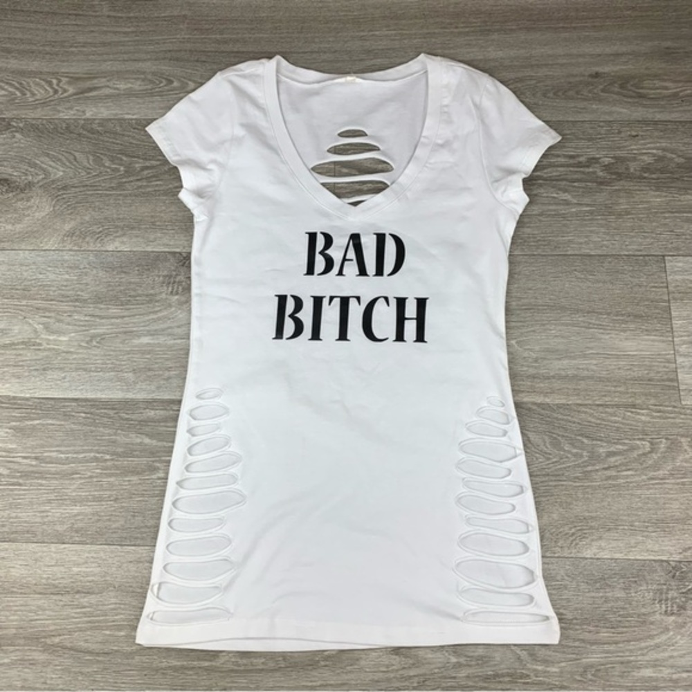 White trendy Bad Bi*ch cut-out vneck. Nightclub outfit/ EDC Shirt , Vegas baby